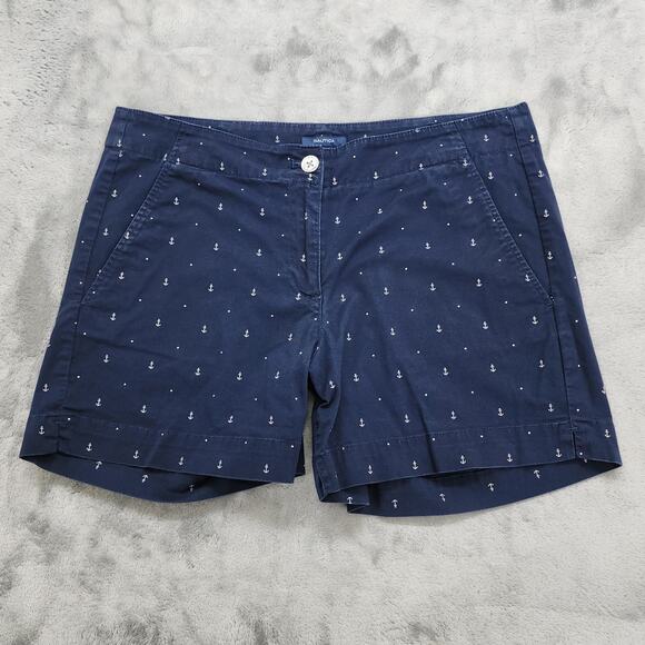 Nautica Short Womens 8 Blue Anchor Print Tailored Stretch Cotton Nautical Preppy - Picture 1 of 11